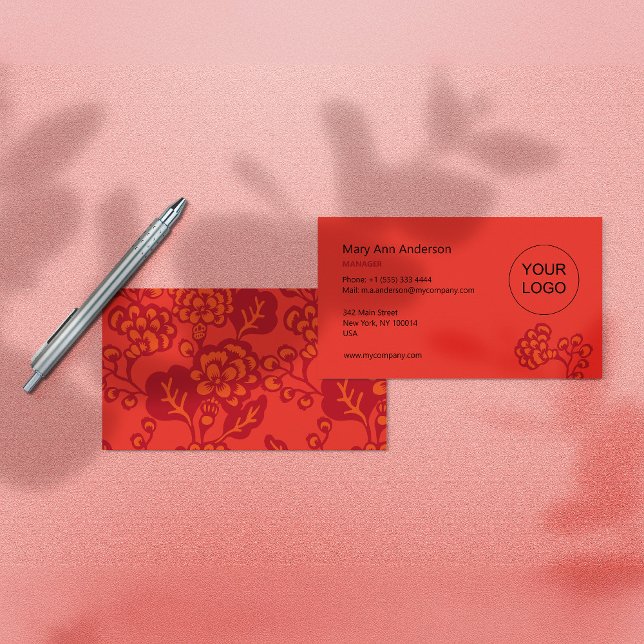 Cartão De Visita Padrão Floral Vermelho e Laranja Vibrante e Negrit (Criador carregado)
