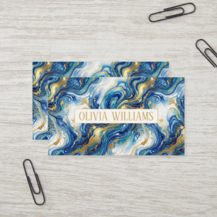 Cartão De Visita Padrão Fluido de Aquarela de Mármore Azul Dourado