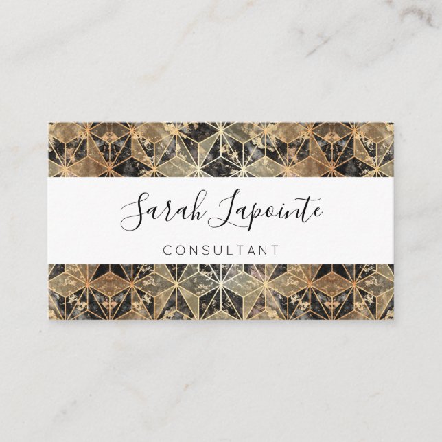 Cartão De Visita Padrão geométrico de mármore e Dourado (Frente)