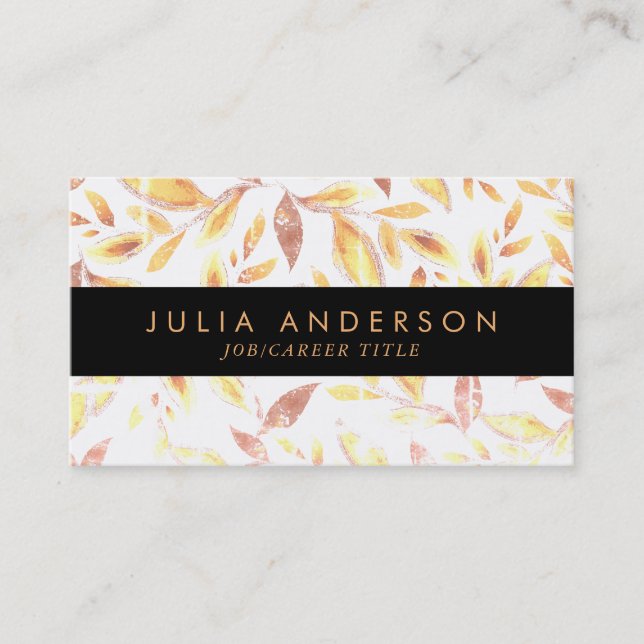 Cartão De Visita Padrão Moderno de Folhas Botânicas Douradas Brilha (Frente)