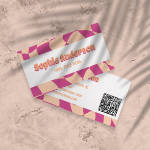 Cartão De Visita Padrão Ondulado Rosa e Pêssego Retrô com Código QR