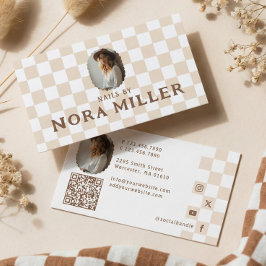 Cartão De Visita Padrão Xadrez Retrô Foto de Artista de Unhas Belez