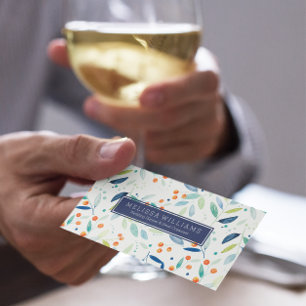 Cartão De Visita Padrões de Folhas e Berries de Aquarelas de Pastel