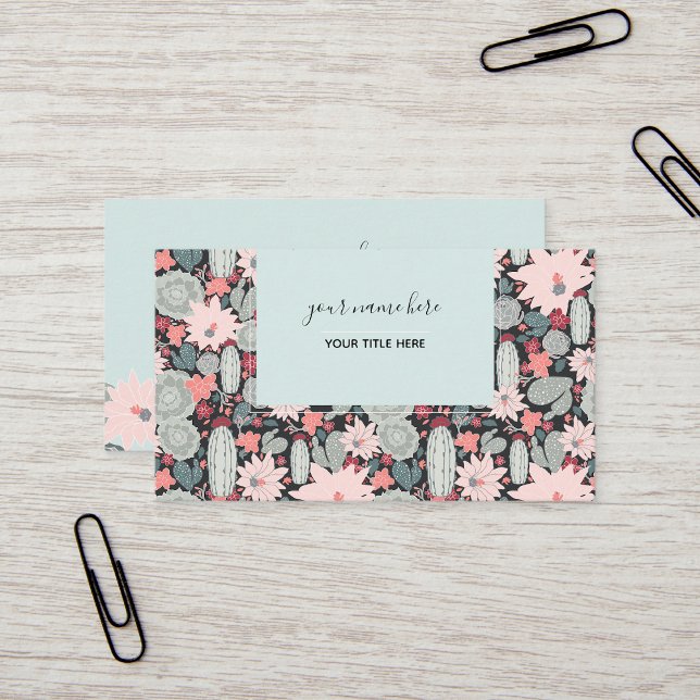 Cartão De Visita Padrões De Tonalidade Rosa De Cactus E De Plantas  (Cactus And Succulent Plants Pink Mint Pattern Business Card from Jenn's Emporium. )