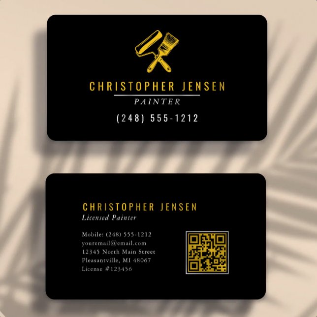 Cartão De Visita Painter QR Code Black Yellow Rounded Painting (Criador carregado)