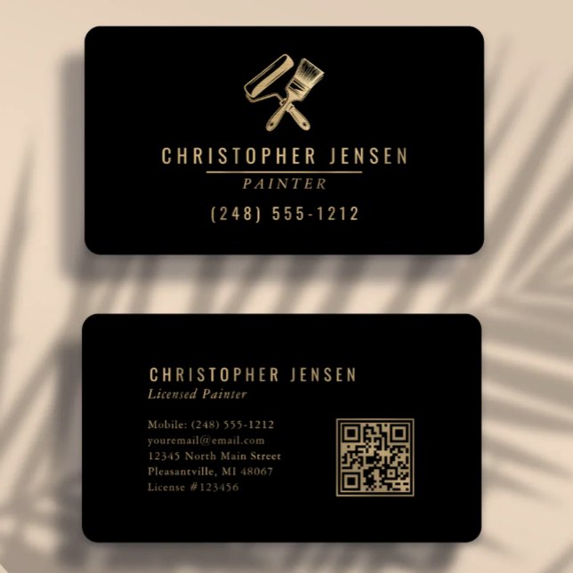 Cartão De Visita Painter QR Code Painting Black Gold Rounded (Criador carregado)