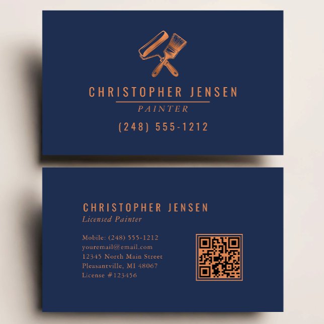 Cartão De Visita Painter QR Code Painting Business Navy Blue Copper (Criador carregado)