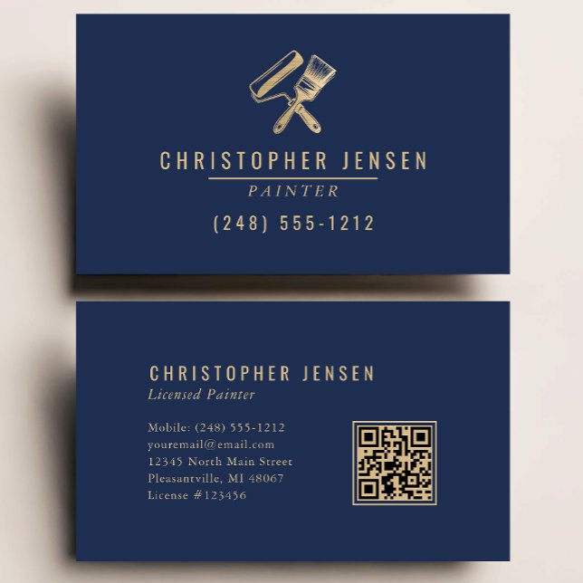 Cartão De Visita Painter QR Code Painting Business Navy Blue Gold (Criador carregado)