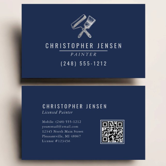Cartão De Visita Painter QR Code Painting Business Navy Blue Silver (Criador carregado)