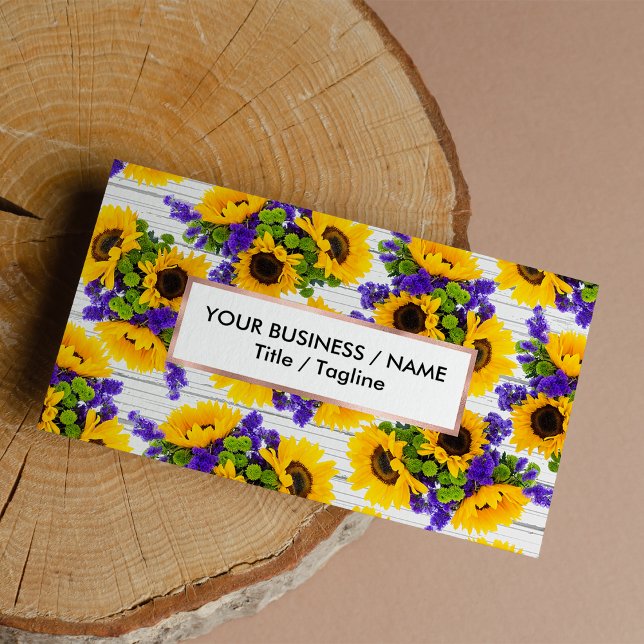 Cartão De Visita País Madeira Branca Rústica Amarelo Roxo (Country Rustic White Wood Purple Yellow Sunflower Business Card)