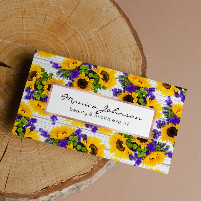 Cartão De Visita País Madeira Branca Rústica Amarelo Roxo (Country Rustic White Wood Purple Yellow Sunflower Business Card )