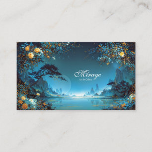 Cartão De Visita Paisagem Noturna Rosa Dourada Floral Lago Teal Mol