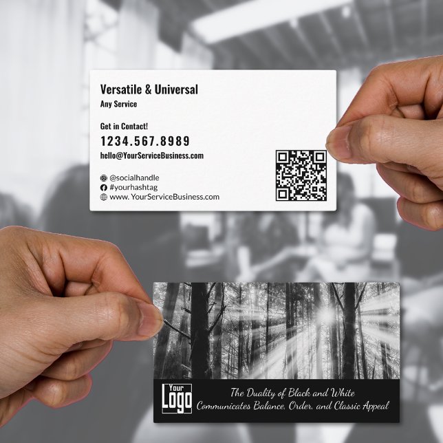 Cartão De Visita Paisagem Personalizada de Imagem em Preto e Branco (Classic Black & White Custom Image Landscape Business Card, QR-code, CTA, SM, Tagline, Logo)