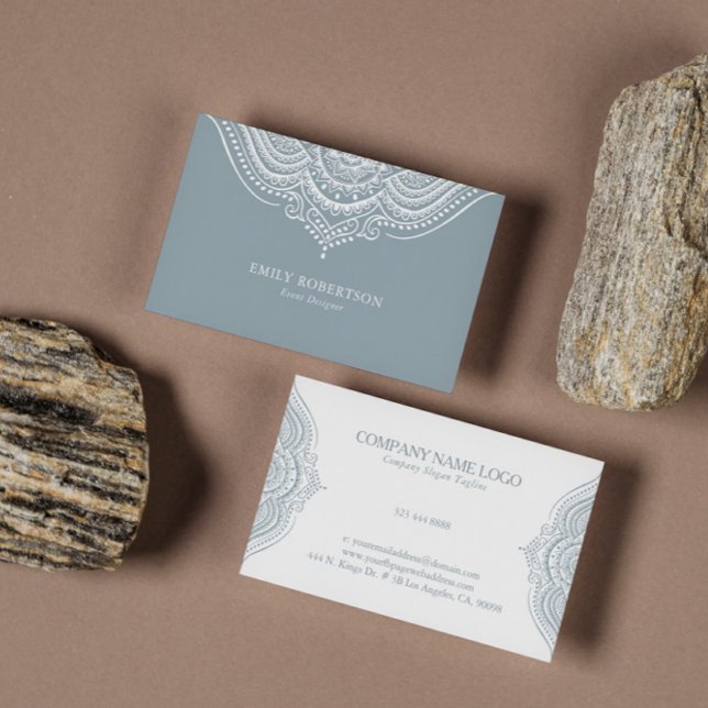 Cartão De Visita Paisley Mandala Branco Em Cinzas Azuis (Criador carregado)