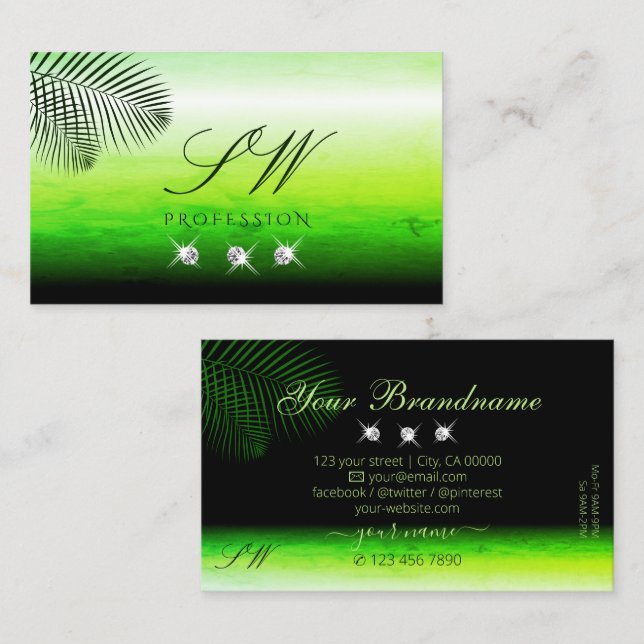 Cartão De Visita Palm de Aquarelas Verdes Deixa Diamantes Monograma (Frente/Verso)