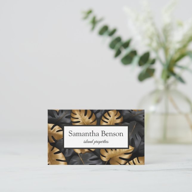 Cartão De Visita Palm Deixa a Ilha Tropical Green & White Square (Em pé/Frente)