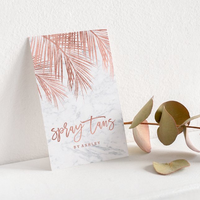 Cartão De Visita Palmeira-borra-dourada-rosa (Spray tans script rose gold palm tree leaf marble business card)
