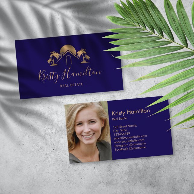 Cartão De Visita palmeira imobiliária casa profissional adicionar f (gold palm tree house real estate logo business card)