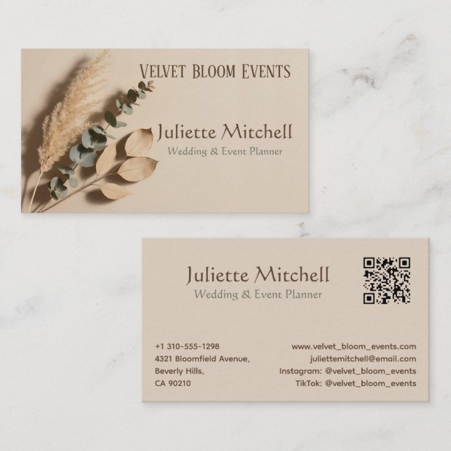 Cartão De Visita Pampas Grass Boho Wedding Planner Business Card (Frente/Verso)