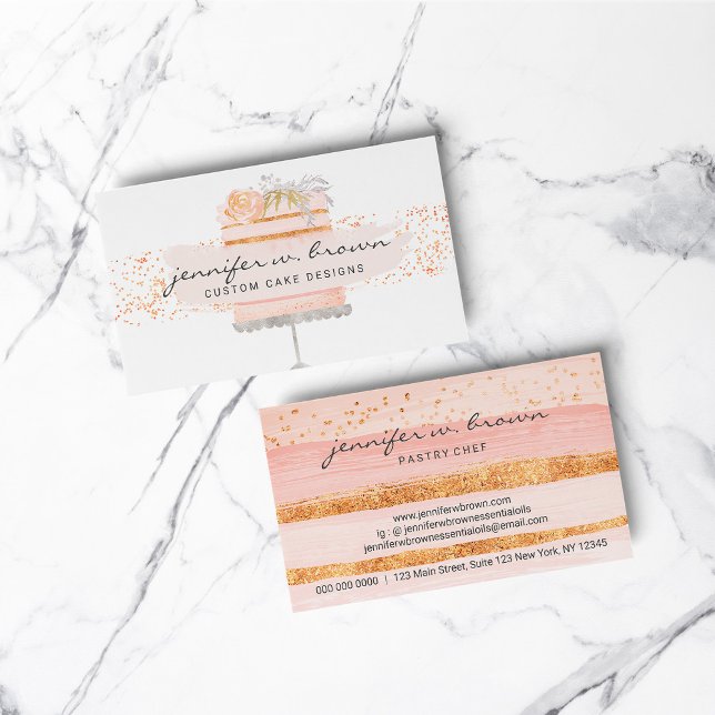Cartão De Visita Panificação Elegante De Bolo Floral Laranja De Lin (Glitter Orange Floral Cake Elegant Bakery Business Card)