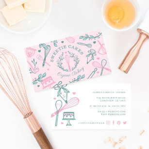 Cartão De Visita Panificação rosa e lacre de utensílios de Cozinhar