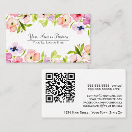 Cartão De Visita Pansias de Aquarela Elegantes Código QR Feminino