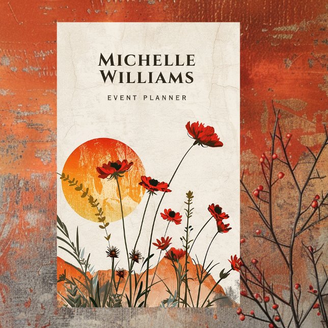 Cartão De Visita Papagaios Vermelhos Simples Boho Flores Selvagens (Front - Simple Red Poppies Boho Wildflowers Sunset Business Card)