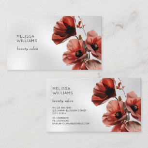 Cartão De Visita Papoulas Vermelhas Flores Prata