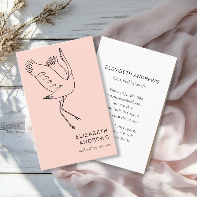 Cartão De Visita Parteira, Storch, Peach-Blush (Modern, peach-blush business card. Line Art Illustration, Storch. For childcare, midwives and more.)