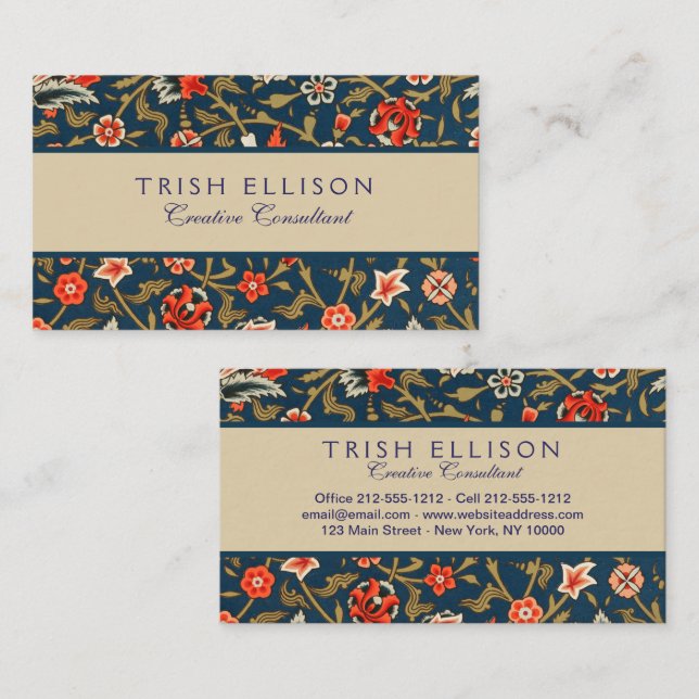 Cartão De Visita Pássaro e Flor Padrão Vermelho Azul Persa (Frente/Verso)