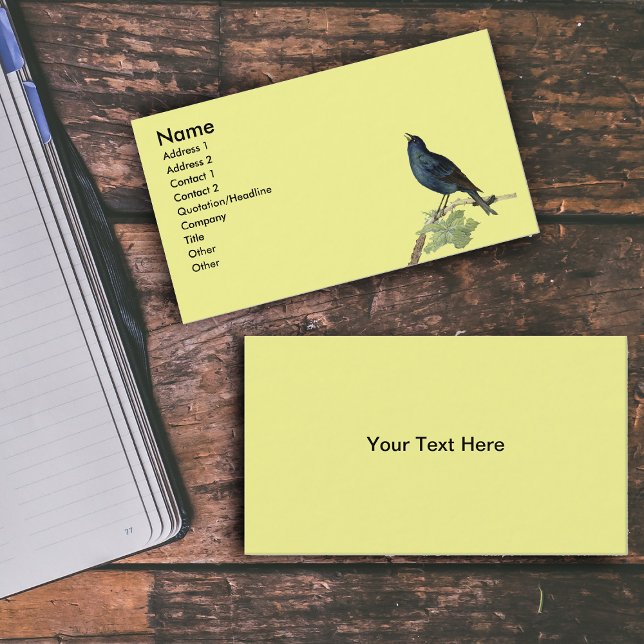 Cartão De Visita Pássaro Negro Elegante amarelo-pintado (Singing black bird on branch leaves caterpillar on bright yellow business cards.)