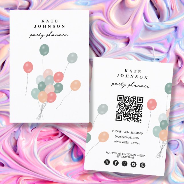 Cartão De Visita Pastel Balloons Party Planner QR Code Mídia Social (Pastel Balloons Party Planner QR Code Social Media Business Card)