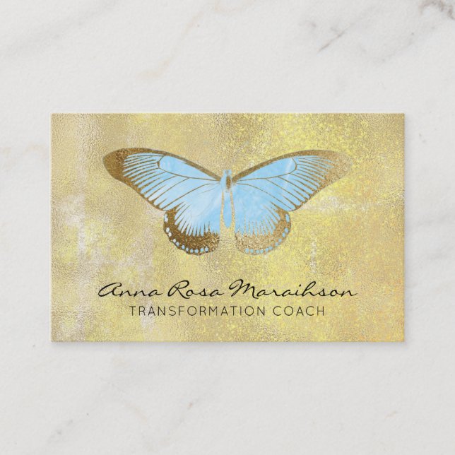 Cartão De Visita *~* Pastel Blue Glitter Fantasy Borboleta Dourada (Frente)