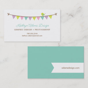 Cartão De Visita Pastel Colors Patterted Bunting and Cute Bird