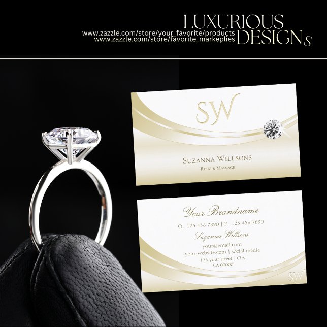 Cartão De Visita Pastel de Dourado Branco com Monograma e Diamante (Criador carregado)