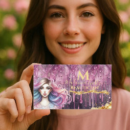 Cartão De Visita Pastel Magenta Dourado Monograma Beautician