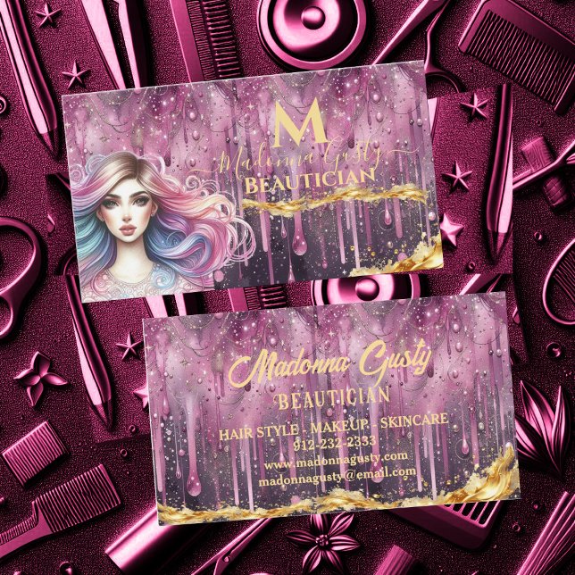 Cartão De Visita Pastel Magenta Dourado Monograma Beautician (Dripping Pastel Magenta Gold Monogram Beautician Business Card)