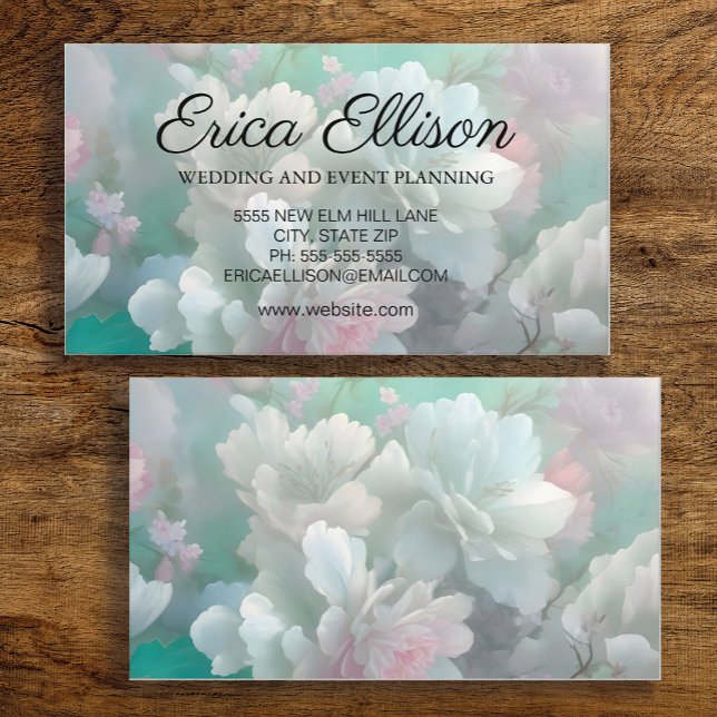 Cartão De Visita Pastel Mint White Floral Rosa (Mint, pink, white watercolor floral business card for her)
