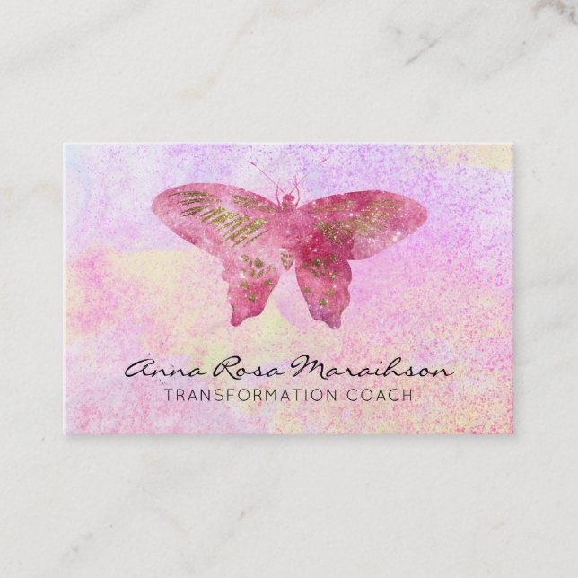 Cartão De Visita *~* Pastel Pink Glitter Fantasy Borboleta Dourada (Frente)