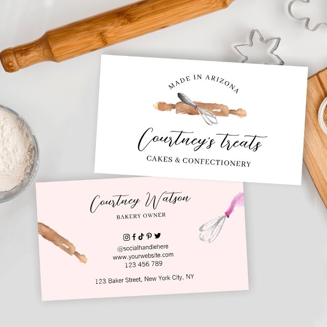 Cartão De Visita Pastelaria de bolos Chef Aquarela Sacuja Rosa (Watercolor bakery art rolling pin and whisk pastry chef business cards)