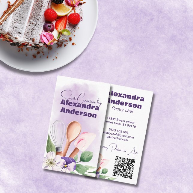 Cartão De Visita Pastelaria Pastelaria Utensílios Púrpura Aquarela (Pastry Chef Baking Utensils Purple Watercolor Business Card)