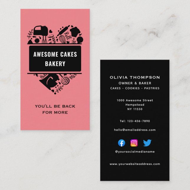 Cartão De Visita Pastelaria Preta-Rosa Torre Cookê Omissa Chef (Frente/Verso)