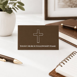 Cartão De Visita Pastor de Igreja Cruz Simples Marrom Branco Contor