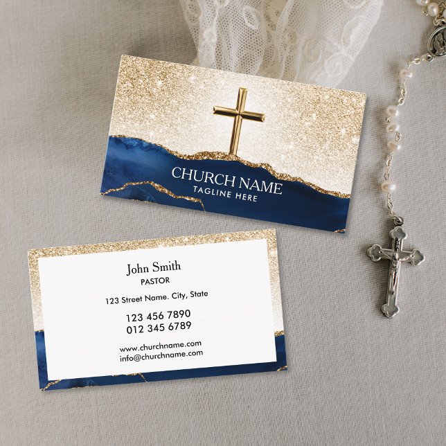 Cartão De Visita Pastor Deacon Bishop Dourado Cross (gold cross with blue agate mountains and glitter gold sky church business cards for deacon, bishop, )