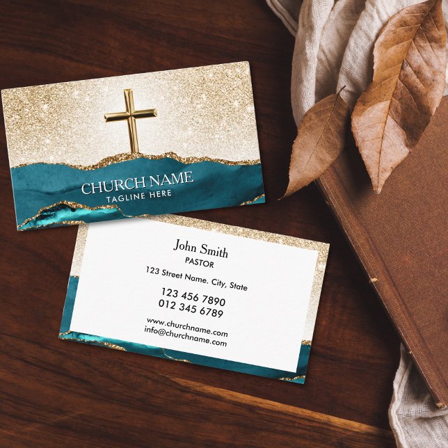Cartão De Visita Pastor Deacon Bishop Dourado Cross (gold cross with blue agate mountains and glitter gold sky church business cards for deacon, bishop, )
