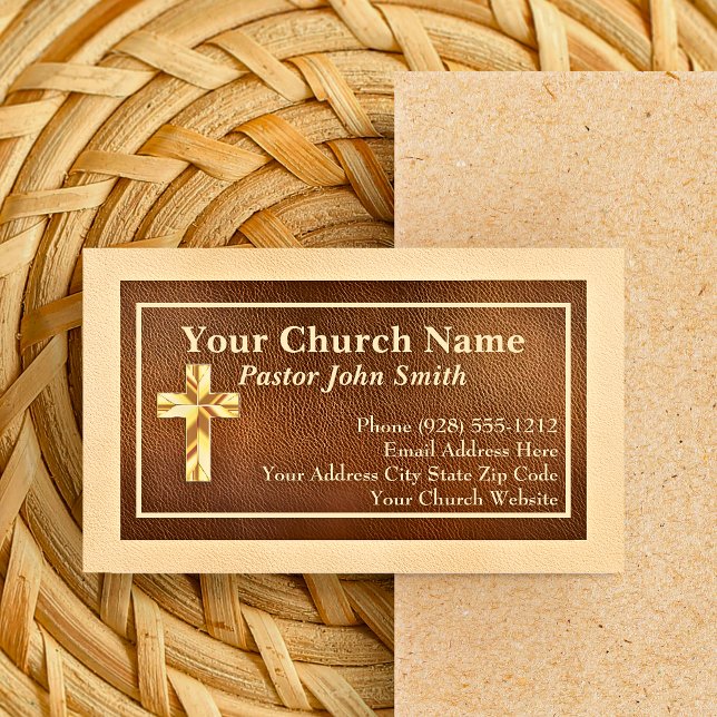 Cartão De Visita Pastor Dourado de Couro (Church Pastor Gold Faux Leather Business Cards)