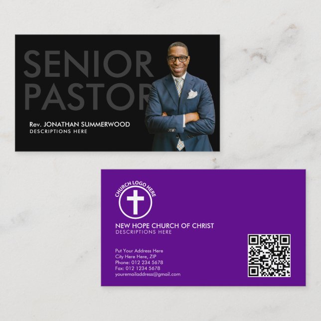 Cartão De Visita Pastor Mais velho moderno com Preto Fotográfico (Frente/Verso)