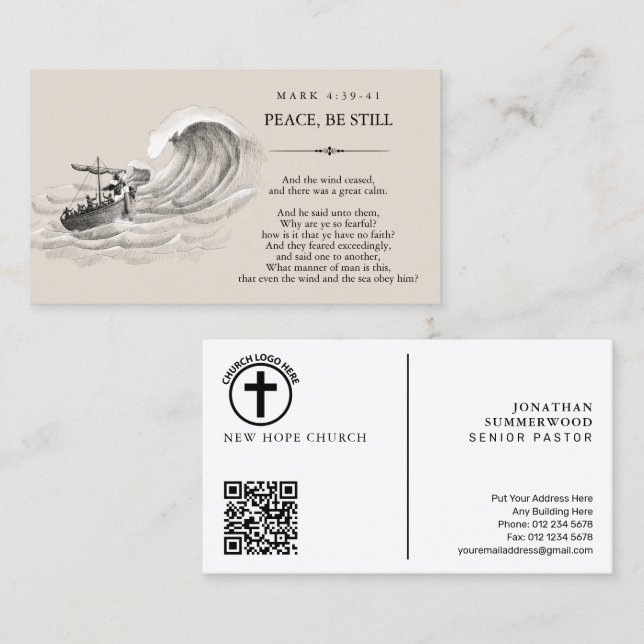 Cartão de Visita Pastor Mark 4:39-41 com QR Code (Frente/Verso)