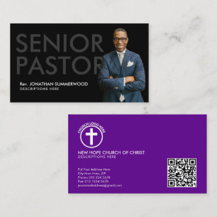 Cartão De Visita Pastor Sênior Moderno com Foto Preta