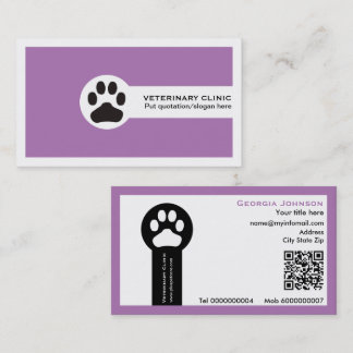 Cartão De Visita Pata e código QR roxo Clínica Veterinária/Veteriná
